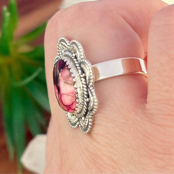 Pure Sterling Silver 925 Red Dahlia Turquoise Flower Navajo Style Ring Size 8.75 - Picture 5 of 10